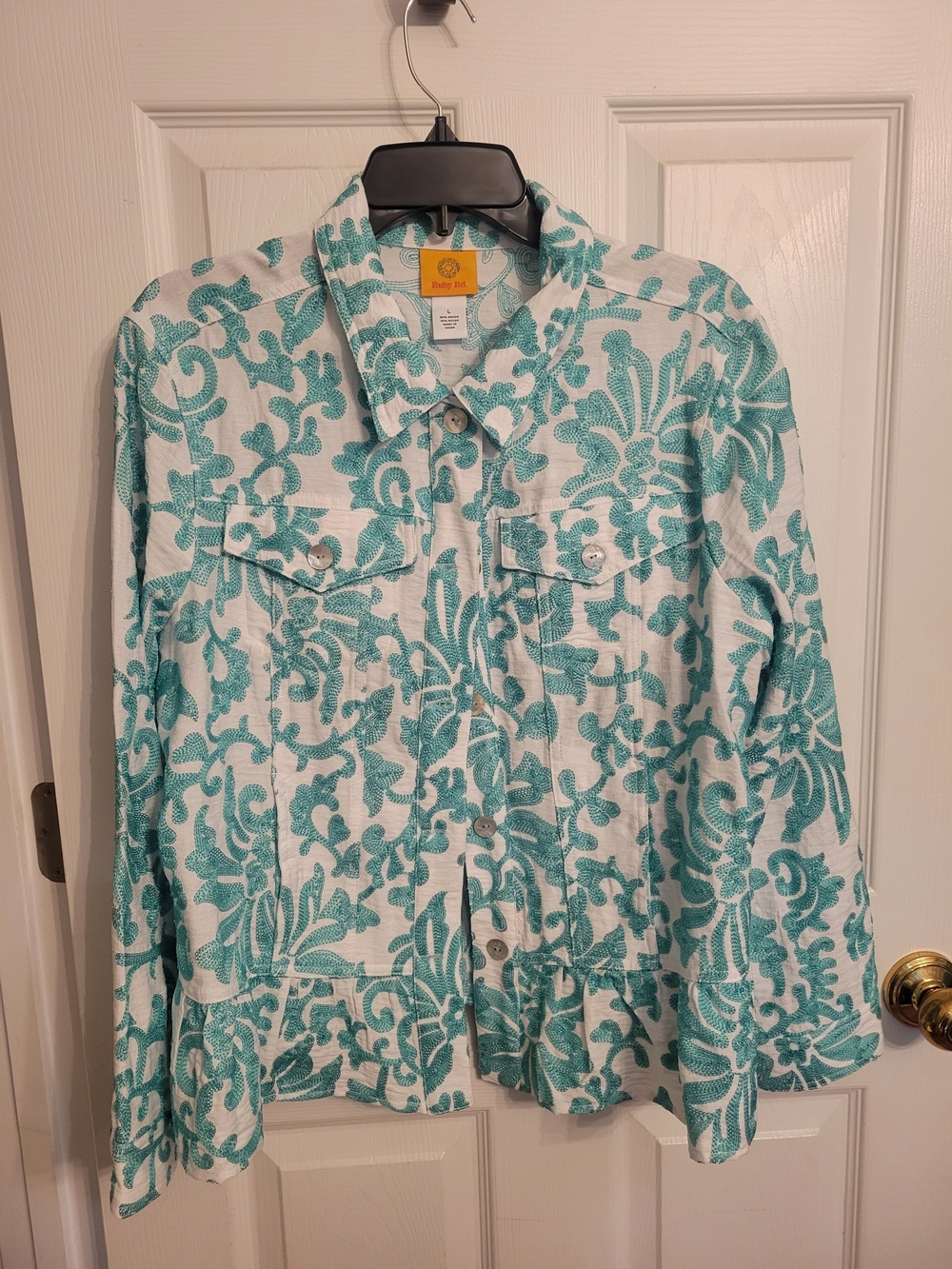 Ruby Rd. White Jacket with Teal Floral Print